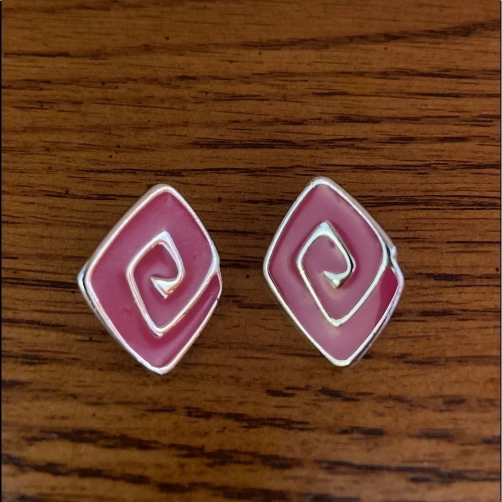 Vintage 1980s Bold Enamel Pink and Silver pierced Earrings